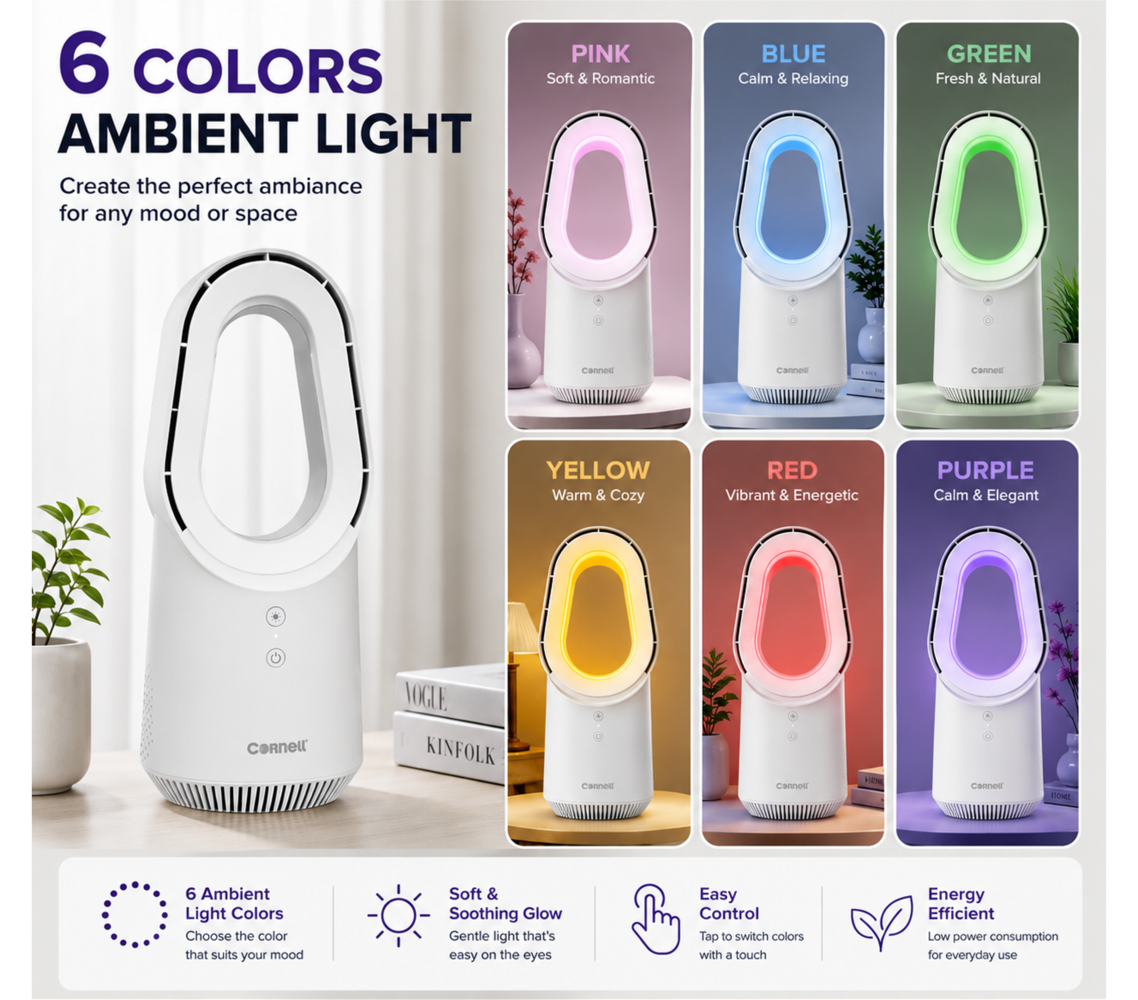 Cornell Mini Bladeless Fan with 6 Ambient Lights | CBFS01WH
