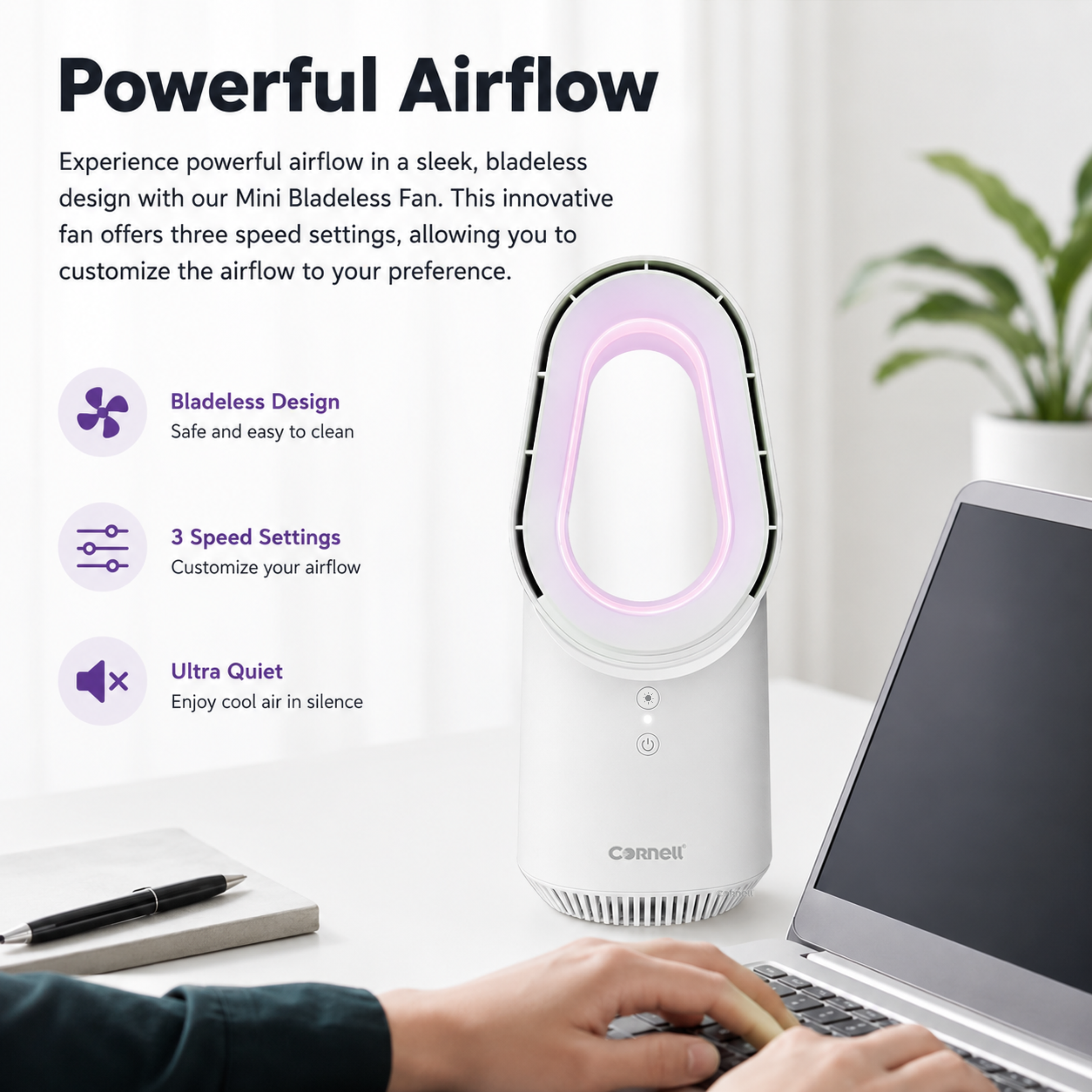 Cornell Mini Bladeless Fan with 6 Ambient Lights | CBFS01WH