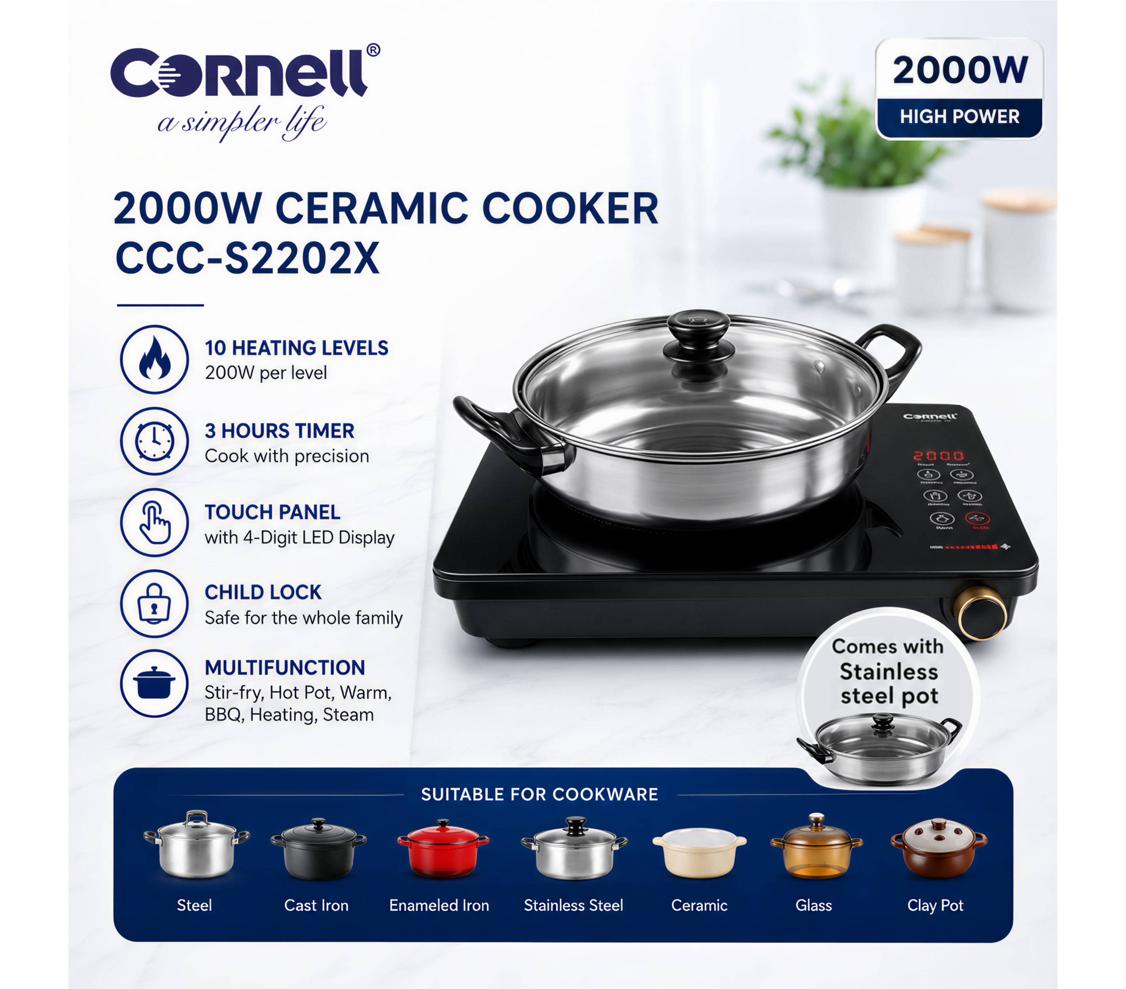 Cornell Ceramic Cooker 2000W | CCC-S2202X