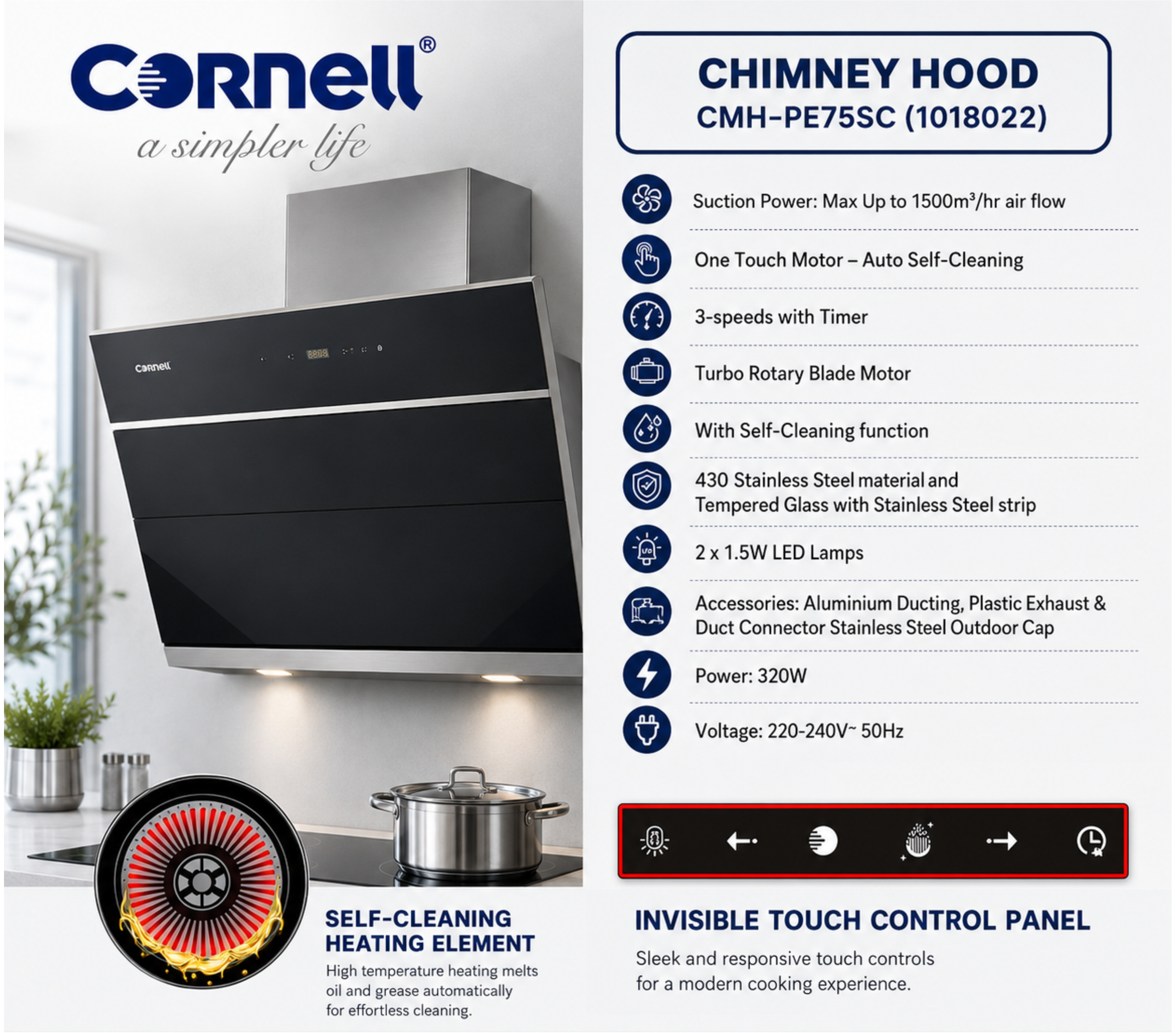 Cornell Chimney Hood | CMH-PE75SC